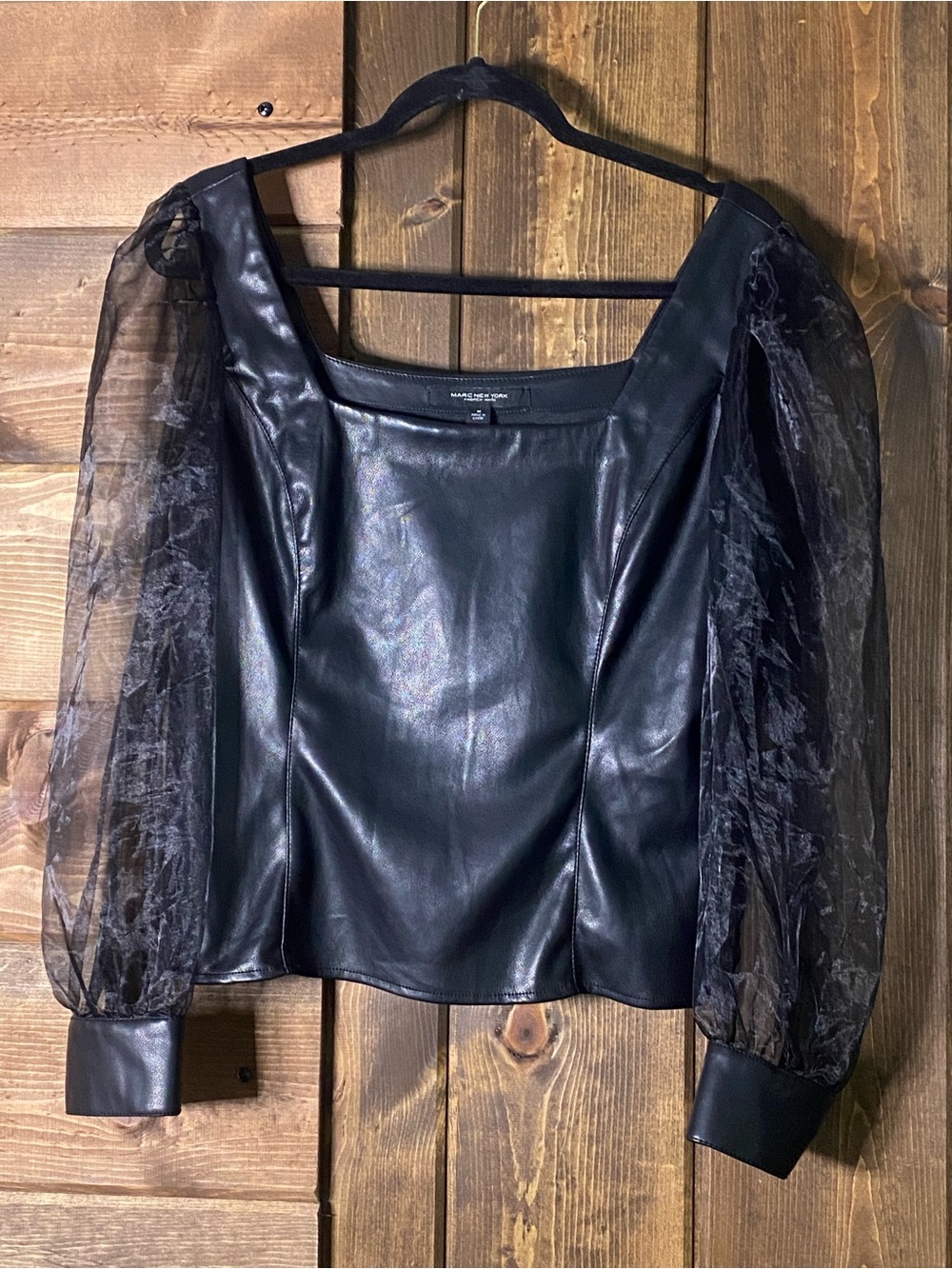 Gorgeous Andrew Marc Black Faux Leather Sheer Sleeve Top M